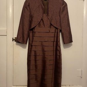 Pleated bronze mid length dress. Tiny crystal beads on bodice and jacket.